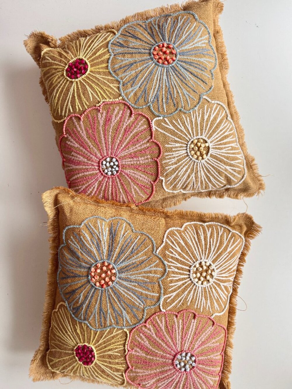 Set of 2 PIER 1 Floral Embroidered Beaded 100% Jute Fringe Square Throw Pillows
